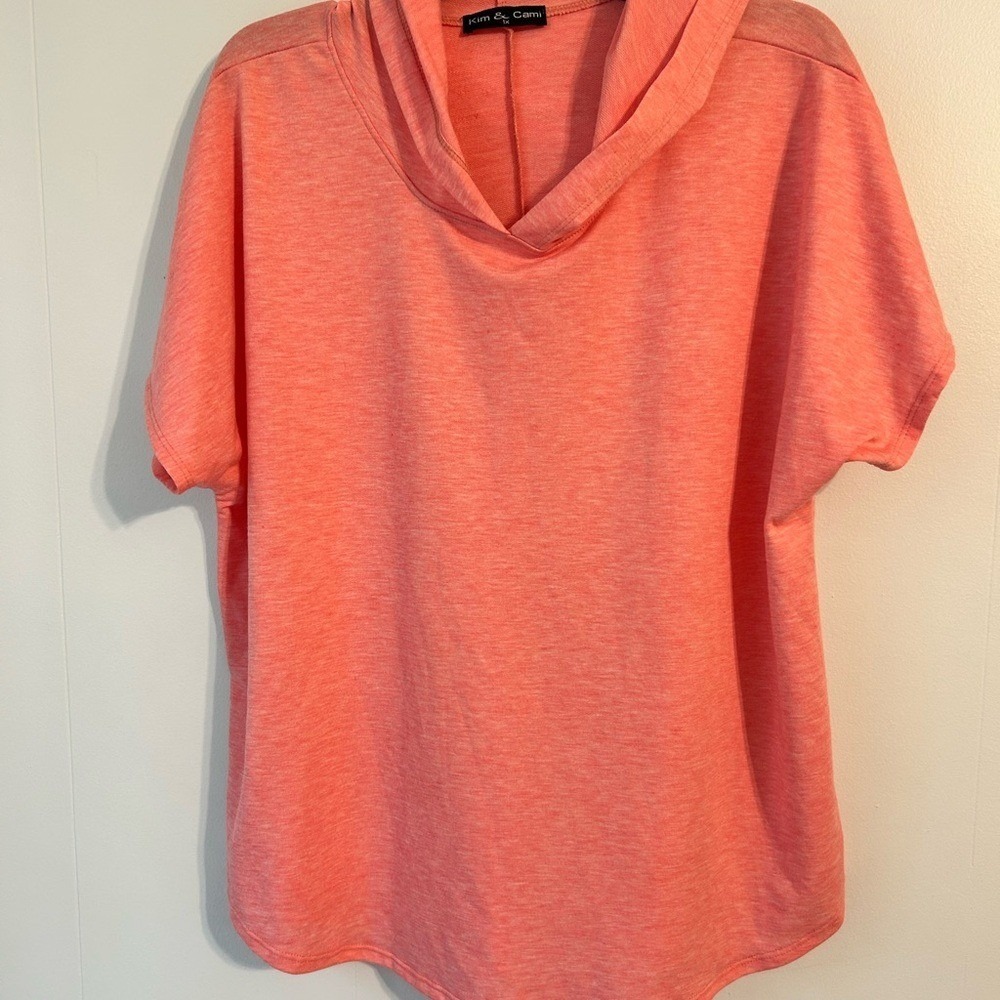 Kim & Cami Womens 1X Coral Heathered Short Sleeve Hoodie Relaxed Knit Top